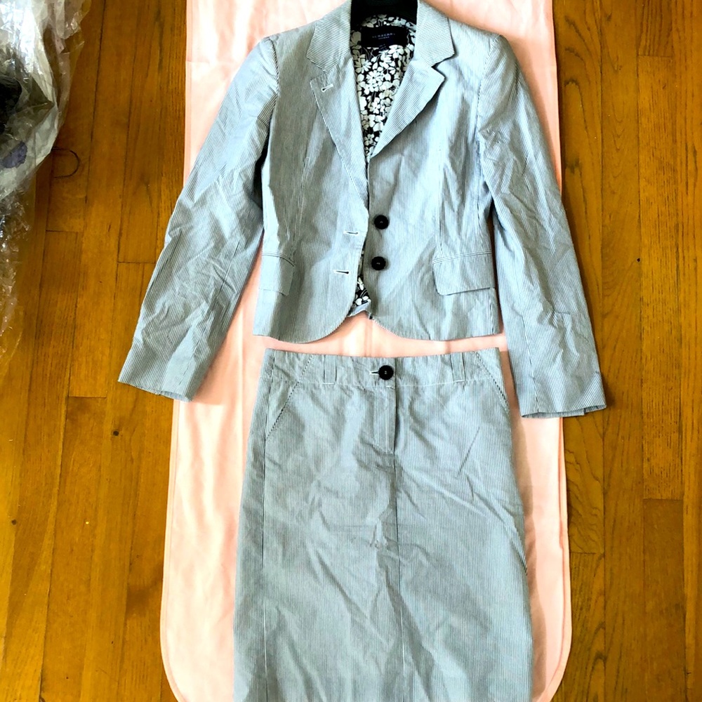 BURBERRY Grey/white Striped Jacket/ Skirt Suit EUC